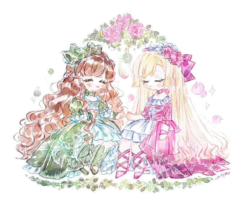 2girls ^_^ arm_ribbon artist_name ballet_slippers blonde_hair blunt_bangs blush_stickers boots bow bow_choker bow_legwear brown_hair bubble choker clenched_hand closed_eyes closed_mouth commentary_request cross cross_choker cross_print dress expressionless floral_print flower flower_choker frilled_dress frilled_hairband frilled_skirt frilled_sleeves frilled_wrist_cuffs frills full_body green_bow green_choker green_dress green_flower green_footwear green_hairband green_ribbon green_sleeves hair_bow hair_flower hair_ornament hairband hand_on_own_chest highres imminent_hand_holding knee_boots korean_commentary leaf leg_ribbon long_dress long_eyelashes long_hair long_sleeves medium_skirt multiple_girls open_mouth original outstretched_hand pink_bow pink_choker pink_dress pink_flower pink_footwear pink_ribbon pink_rose pink_sleeves puffy_short_sleeves puffy_sleeves reaching red_lips ribbon rose saelah_andlus short_sleeves signature simple_background single_sidelock single_wrist_cuff sitting skirt skirt_under_dress sleeves_past_elbows smile sparkle square_neckline straight_hair very_long_hair wavy_hair white_background white_hairband white_skirt wrist_cuffs