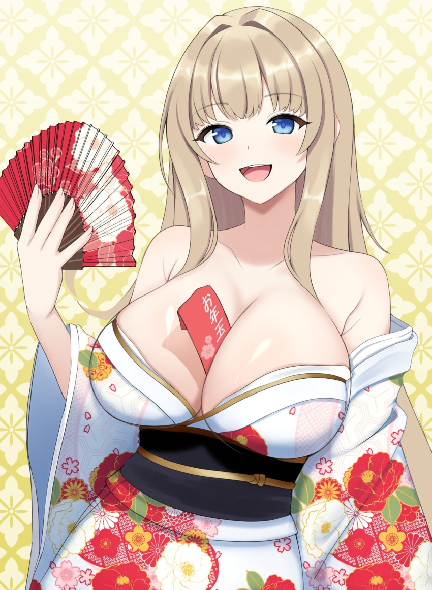 1girl bare_shoulders between_breasts blonde_hair blue_eyes breasts collarbone commentary dolphin_wave floral_print hair_intakes hand_fan hand_up highres holding holding_fan japanese_clothes kimono kirahoshi_kanna large_breasts long_hair long_sleeves looking_at_viewer obi open_mouth paid_reward_available sash smile solo surippa1010 teeth upper_teeth_only white_kimono wide_sleeves yellow_background