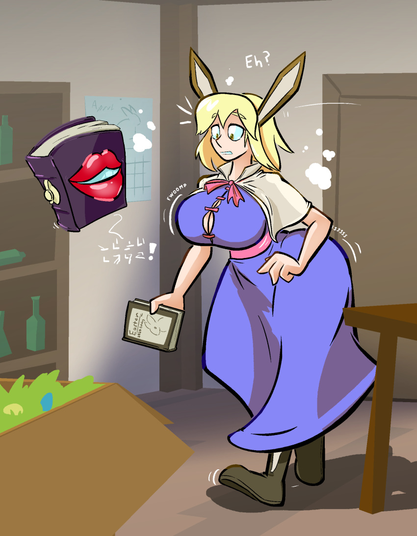 2020 alice_margatroid animal_humanoid animate_inanimate aygee big_breasts blonde_hair book breast_expansion breasts clothing dialogue dress female footwear furniture green_eyes hair hi_res human_to_anthro humanoid inside lagomorph lagomorph_humanoid leporid_humanoid mammal mammal_humanoid rabbit_humanoid shoes smile species_transformation standing surprise table touhou transformation video_games