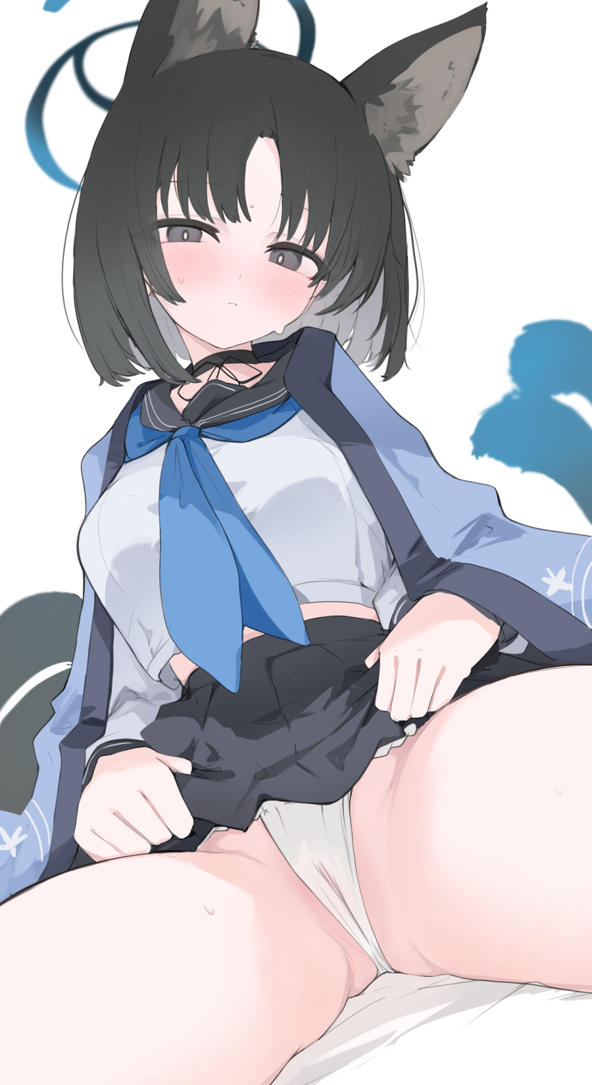 1girl animal_ear_fluff animal_ears black_eyes black_hair black_pubic_hair black_sailor_collar black_skirt blue_archive blue_halo blue_neckerchief blush cat_ears cat_tail closed_mouth extra_ears halo haori highres japanese_clothes kikyou_(blue_archive) looking_at_viewer mikozin multiple_tails neckerchief panties pleated_skirt sailor_collar school_uniform serafuku short_hair simple_background skirt solo tail two_tails underwear white_background white_panties