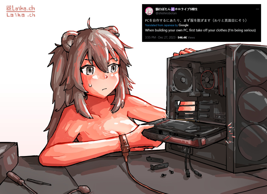 1girl absurdres ahoge animal_ears anti-static_bracelet artist_name bracelet breasts cleavage closed_mouth collarbone commentary completely_nude computer computer_building convenient_arm convenient_censoring desk ear_piercing electric_fan english_commentary english_text graphics_card grey_eyes grey_hair hair_between_eyes highres holding hololive jewelry laika_ch lion_ears lion_girl lion_tail long_hair medium_breasts mixed-language_text motherboard multilingual nude piercing screencap_inset screw screwdriver shishiro_botan solo sweatdrop tail tweet virtual_youtuber white_background