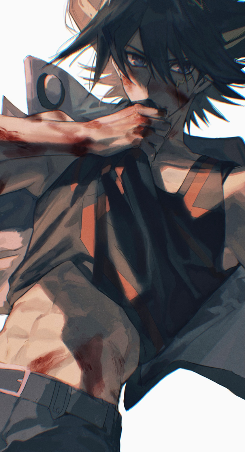 1boy abs belt black_belt black_hair black_pants black_tank_top blood blood_on_face blood_on_hands blue_eyes clothes_lift facial_mark facial_tattoo fudou_yuusei hand_up high_collar highres jacket male_focus midriff_peek multicolored_hair naoki_(2rzmcaizerails6) open_clothes open_jacket pants serious short_hair simple_background solo spiked_hair streaked_hair tank_top tattoo unworn_jacket upper_body white_background yu-gi-oh! yu-gi-oh!_5d's