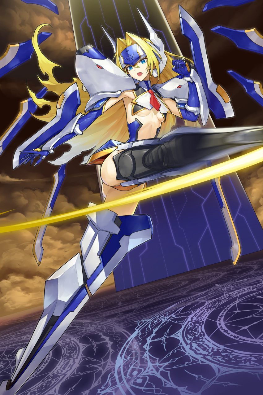 1girl absurdres arm_blade armor blazblue blonde_hair blue_eyes blue_gloves blush commission dual_wielding elbow_gloves floating floating_object floating_weapon forehead_protector gloves headgear highres holding leg_armor looking_at_viewer mecha mecha_musume mu-12 mytea_(soso) revealing_clothes robot robot_ears shoulder_armor skeb_commission weapon
