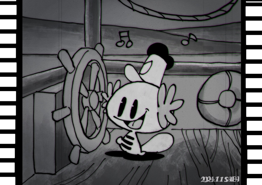 1920s_(style) 1other boat disney greyscale highres monochrome no_humans pokemon pokemon_(creature) projector saba_hokke ship's_wheel steamboat_willie tapping_foot walt_disney_(style) watercraft wooper