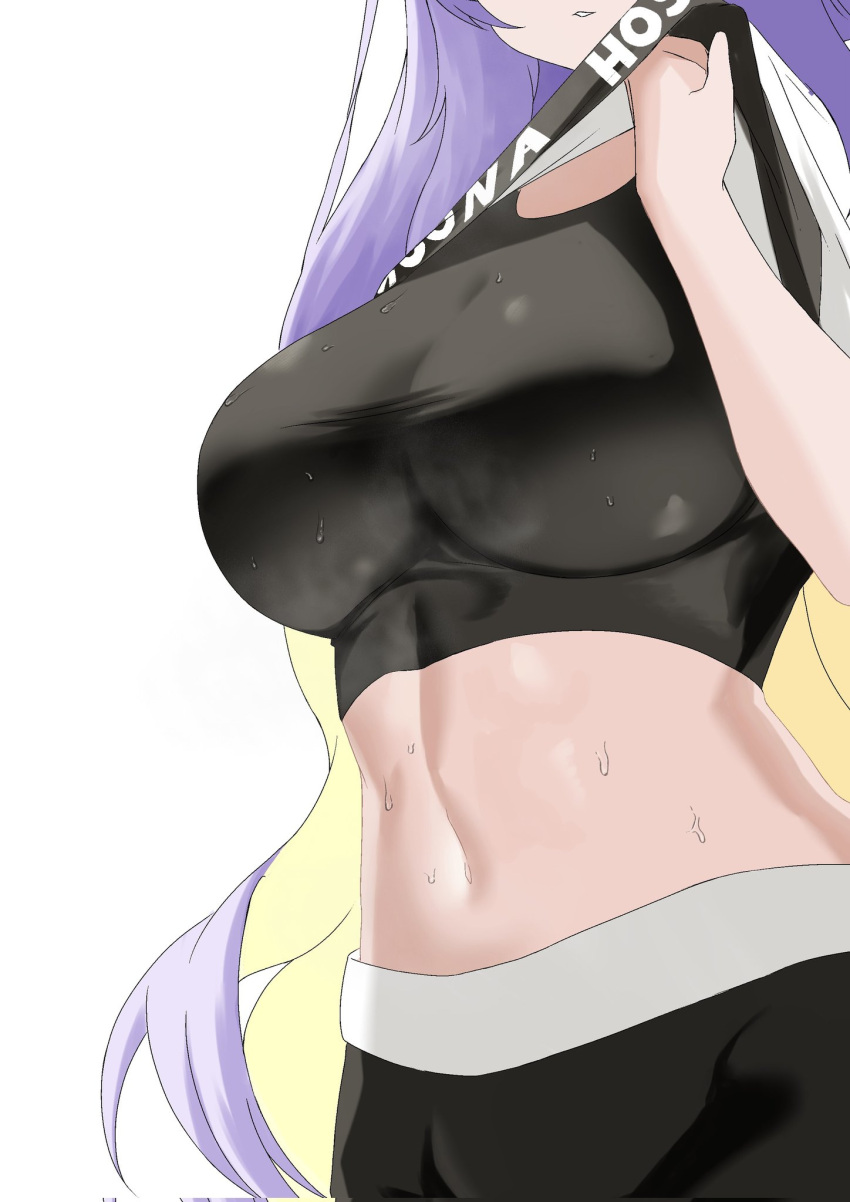 1girl breasts close-up clothes_lift colored_inner_hair crop_top english_commentary highres hololive hololive_dance_practice_uniform hololive_indonesia kaiyen large_breasts long_hair moona_hoshinova multicolored_hair navel official_alternate_costume parted_lips partially_obscured purple_hair shirt shirt_lift simple_background skin_tight solo stomach sweat sweaty_clothes two-tone_hair very_long_hair virtual_youtuber wet wet_clothes white_background wiping_face wiping_sweat workout_clothes