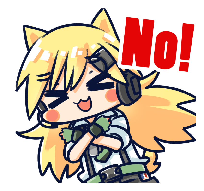 &gt;_&lt; 1girl :d animal_ears belt black_shorts blonde_hair blush_stickers cat_ears cat_tail chibi chinese_commentary commentary_request crossed_arms diagonal-striped_necktie facing_viewer fingerless_gloves girls'_frontline gloves green_belt green_gloves green_necktie hair_between_eyes hair_ornament hairclip headset highres idw_(girls'_frontline) long_hair necktie no no_(gesture) official_art open_mouth shirt shorts simple_background sleeves_rolled_up smile snap-fit_buckle solo su_xiao_jei suspender_shorts suspenders tail twintails upper_body white_background white_shirt xd