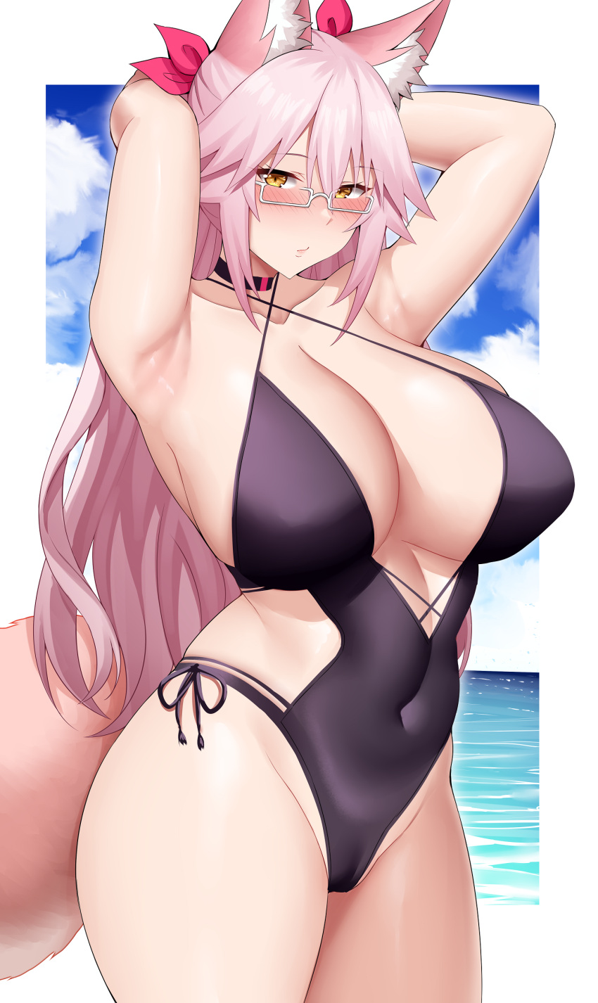 1girl absurdres animal_ear_fluff animal_ears arind_yudha bare_shoulders blush breasts cleavage collarbone fate/grand_order fate_(series) fox_ears fox_girl fox_tail hair_between_eyes highres koyanskaya_(fate) large_breasts long_hair looking_at_viewer pink_hair sidelocks solo swimsuit tail tamamo_(fate) thighs yellow_eyes