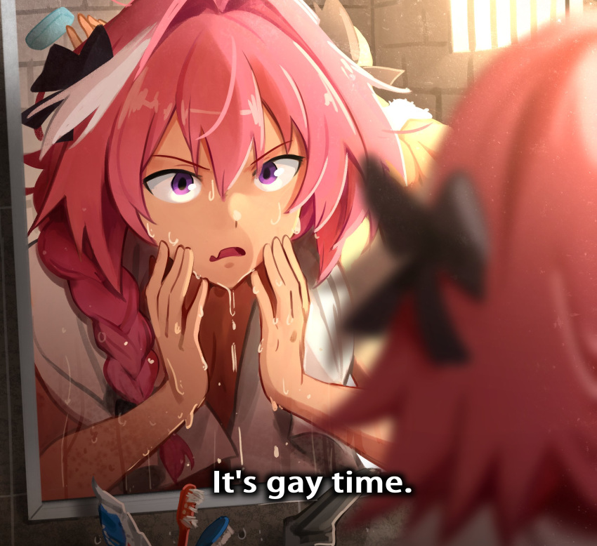 1boy astolfo_(fate) bar_soap bars black_bow blurry blurry_foreground bow braid commentary d: english_text fate/apocrypha fate_(series) faucet hair_between_eyes hair_bow highres khyle. looking_at_mirror male_focus mirror otoko_no_ko pink_hair prison_cell purple_eyes reflection toothbrush towel towel_around_neck upper_body water