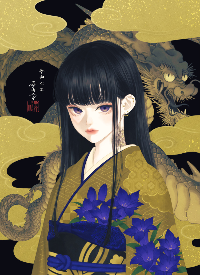 1girl absurdres black_background black_hair blue_flower blunt_bangs closed_mouth cloud dragon ear_piercing earrings eastern_dragon floral_print flower gentiana_(flower) hair_behind_ear highres japanese_clothes jewelry kikkoumon kimono long_hair looking_at_viewer neck_tattoo obi obiage obijime original piercing print_kimono purple_eyes sash sayagata seal_impression signature solo straight_hair tattoo upper_body ushiyama_ame