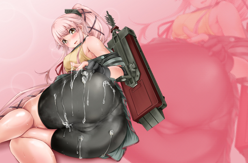 1girl armpits bike_shorts black_panties cover cover_page covered_nipples cum cum_on_ass cum_on_body cum_on_clothes cum_on_lower_body doujin_cover groin hair_ornament hair_ribbon highres hip_focus kantai_collection looking_at_viewer panties pink_hair ponytail ribbon skirt sleeveless smile textless tsukineko underwear yellow_eyes yura_(kantai_collection)