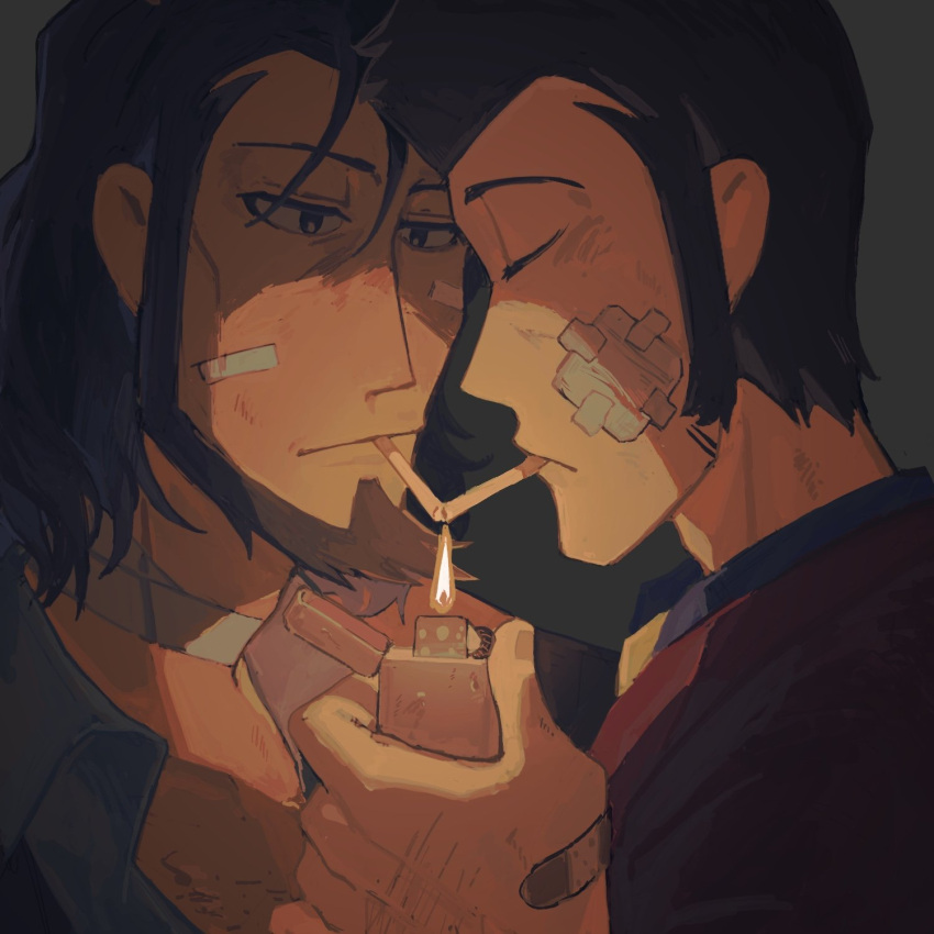 2boys adam's_apple arsene_lupin_iii bandage_on_face bandaged_neck bandages bandaid bandaid_on_hand beard chest_hair cigarette_kiss dirty dirty_face facial_hair fan_li fingernails fire grey_background hand_hair highres holding holding_lighter jacket jigen_daisuke lighter long_sideburns lupin_iii male_focus mouth_hold multiple_boys red_jacket sideburns sideburns_stubble smoking yaoi