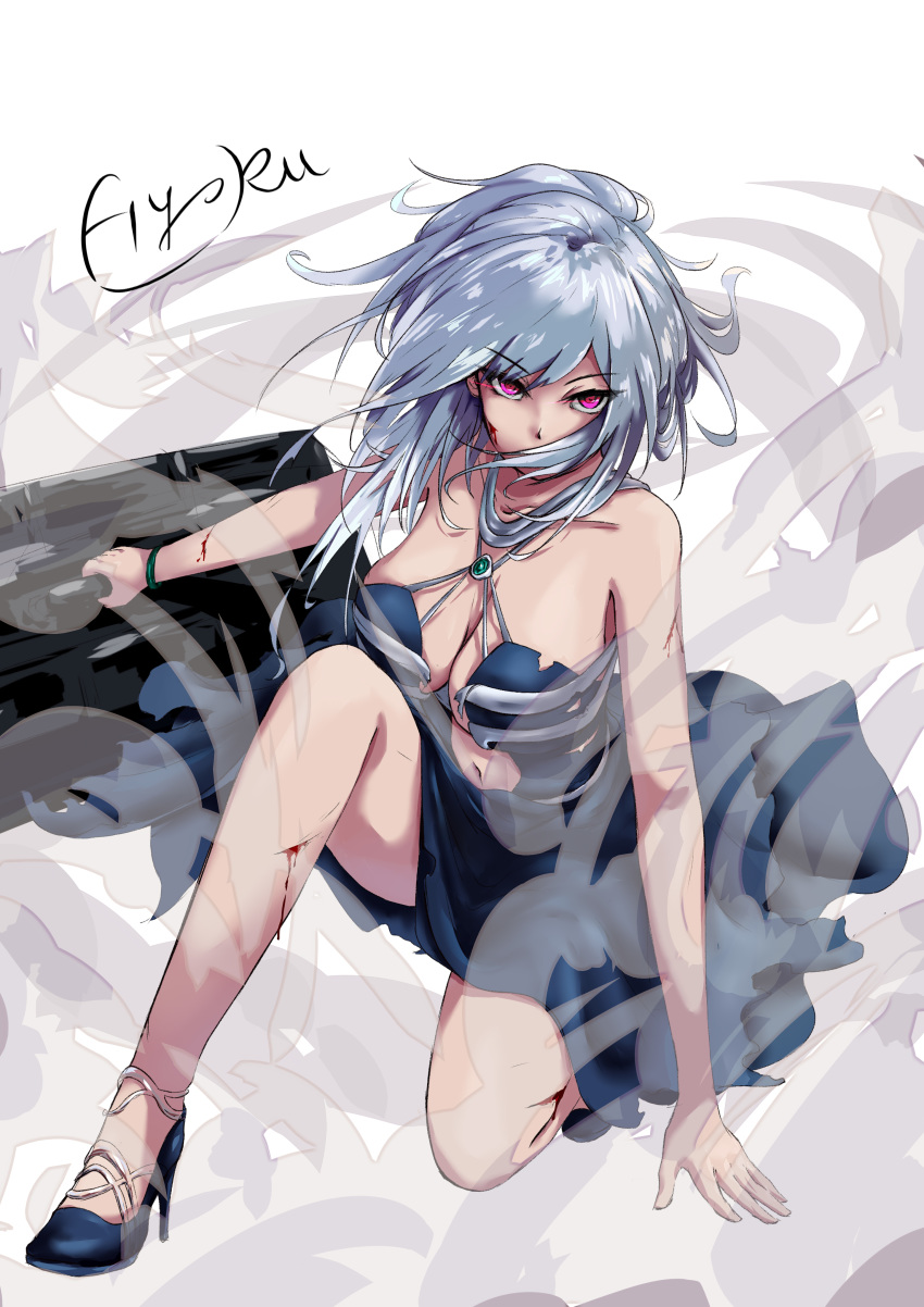 1girl absurdres ak-12_(girls_frontline) alternate_costume bare_shoulders blood blood_on_face blue_dress blue_footwear breasts cleavage collarbone cuts dress fighting_stance girls_frontline glowing glowing_eyes hair_over_mouth hand_on_ground high_heels highres holding_suitcase hyoku injury large_breasts looking_at_viewer messy_hair navel navel_cutout pink_eyes silver_hair squatting torn_clothes torn_dress