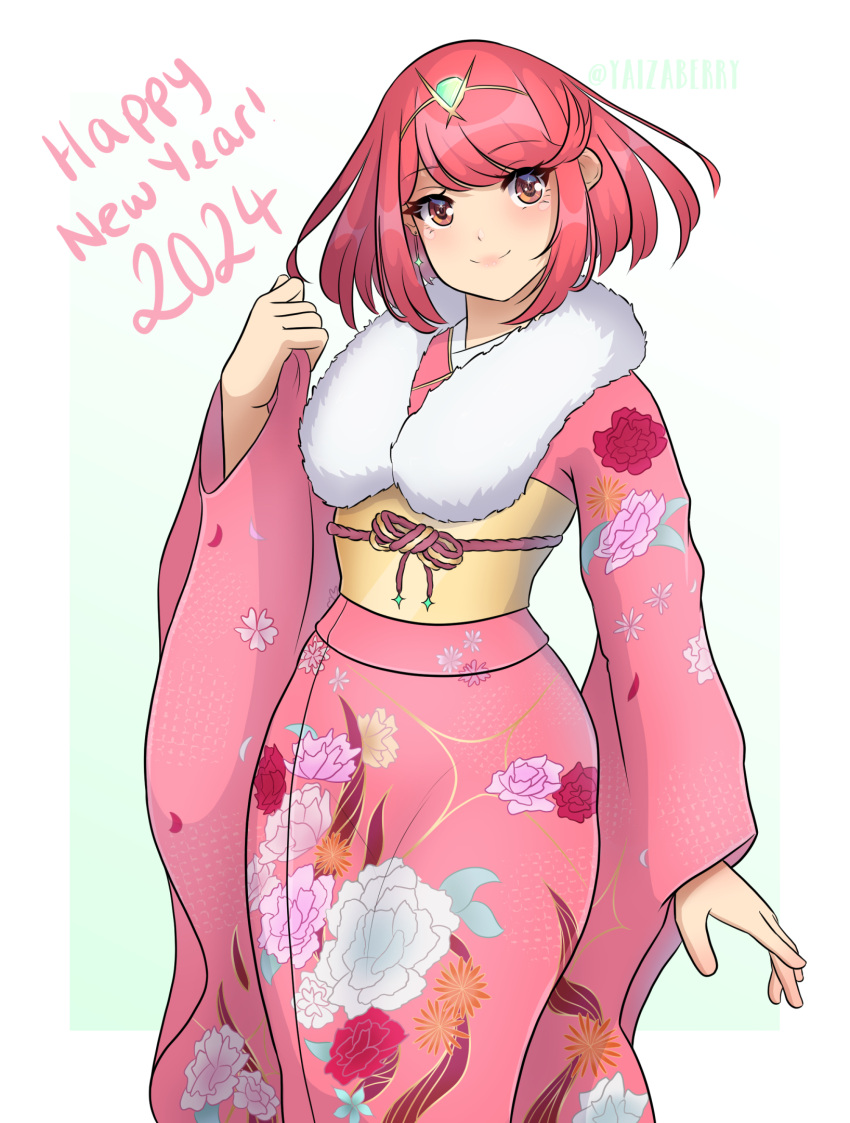 1girl 2024 bob_cut brown_eyes closed_mouth english_commentary happy_new_year highres japanese_clothes kimono medium_hair pink_kimono print_kimono pyra_(xenoblade) red_hair simple_background smile star_(symbol) star_in_eye symbol_in_eye tiara white_background xenoblade_chronicles_(series) xenoblade_chronicles_2 yaizaberry