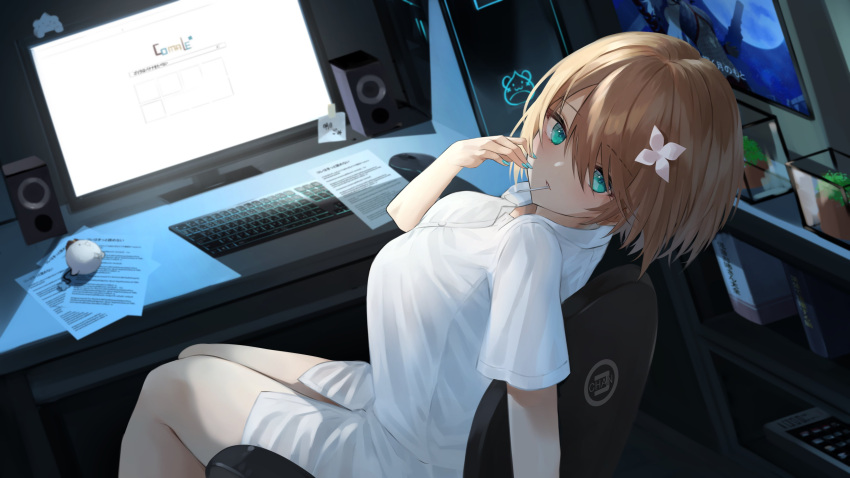 1girl absurdres aogiri_koukou aqua_eyes blue_nails breasts brown_hair candy computer desk dress_shirt flower food from_behind hair_between_eyes hair_flower hair_ornament highres indoors keyboard_(computer) kkix25 kurikoma_komaru large_breasts leaning_back lollipop looking_at_viewer medium_hair monitor mouse_(computer) naked_shirt no_pants on_chair paper shirt short_sleeves sitting solo speaker swept_bangs virtual_youtuber white_shirt