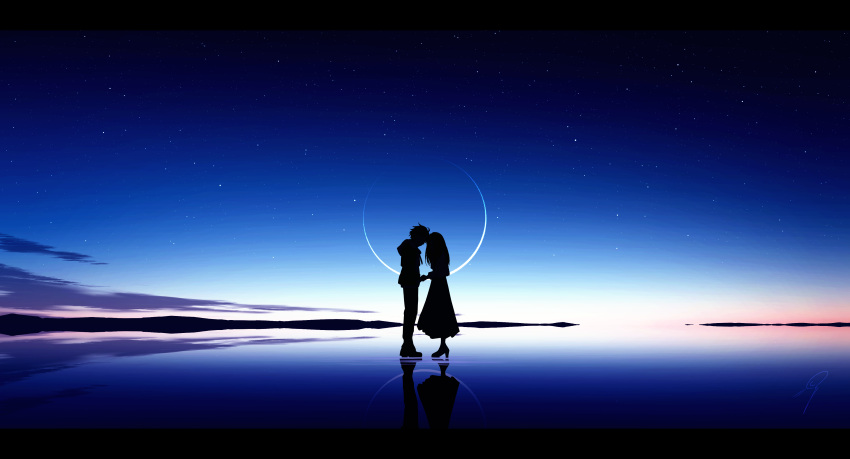 1boy 1girl absurdres cloud dawn forehead-to-forehead from_side heads_together hetero high_heels highres holding_hands hood hood_down hooded_jacket horizon jacket letterboxed long_hair long_skirt nengoro new_moon night night_sky original outdoors pants reflection reflective_water ripples scenery short_hair signature silhouette skirt sky standing star_(sky) starry_sky wide_shot