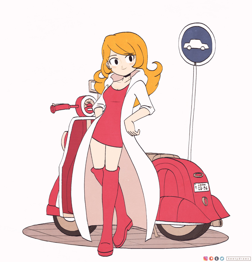 1girl absurdres artist_name black_eyes boots coat dress hands_on_own_hips highres keetydraws knee_boots long_coat long_hair mona_(warioware) motor_vehicle open_clothes open_coat orange_hair red_dress red_footwear scooter short_dress simple_background smile warioware white_background white_coat