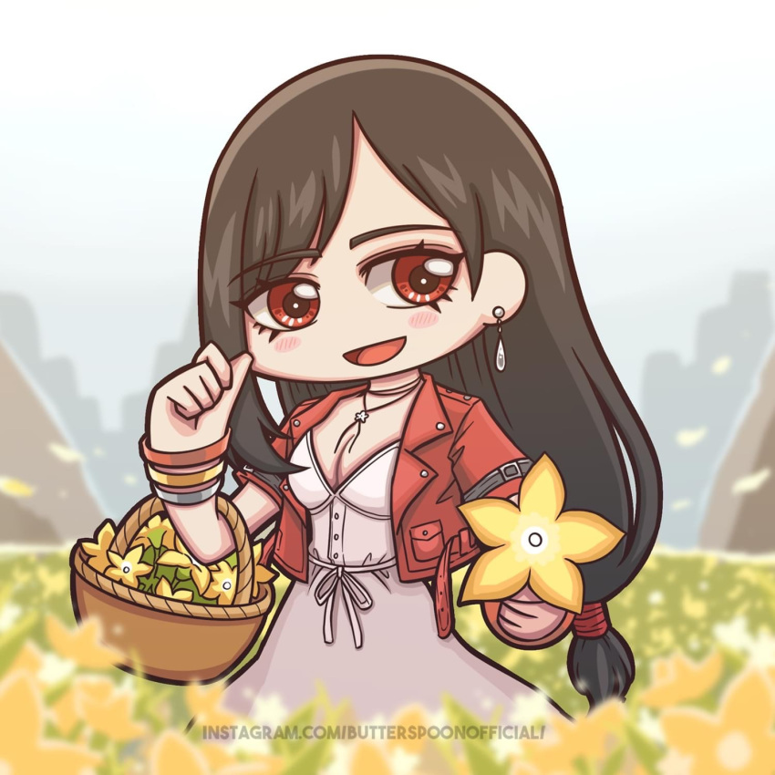 1girl aerith_gainsborough aerith_gainsborough_(cosplay) basket black_hair blush blush_stickers bracelet breasts butter_spoon cleavage commentary cosplay dress earrings field final_fantasy final_fantasy_vii final_fantasy_vii_remake flower flower_field hair_behind_ear highres holding holding_basket holding_flower jewelry long_dress long_hair low-tied_long_hair medium_breasts necklace open_mouth petals pink_dress red_eyes smile solo tifa_lockhart very_long_hair web_address