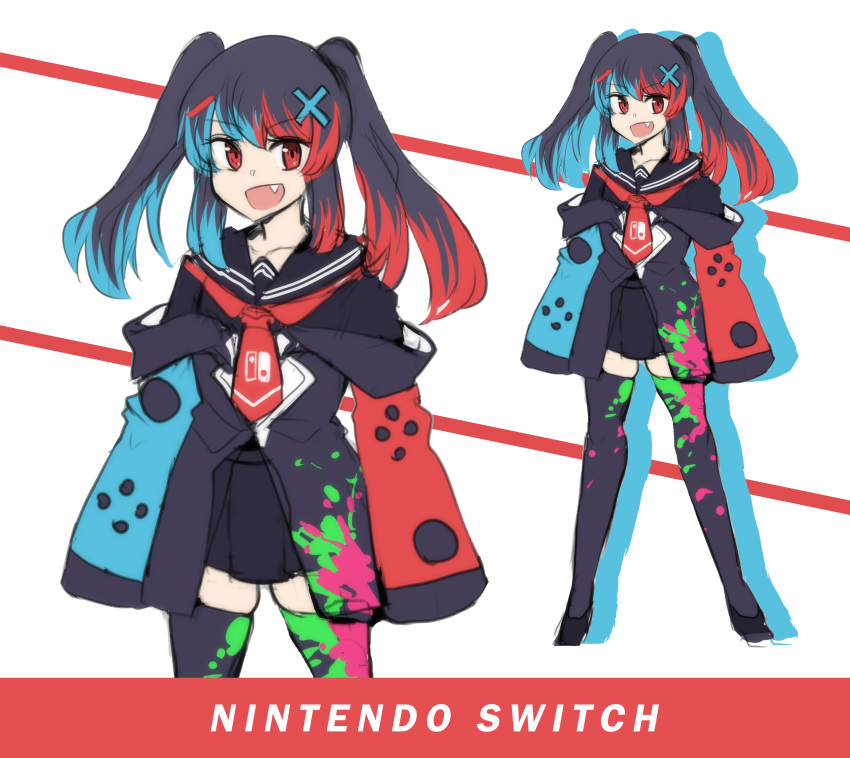 1girl :d absurdres black_hair black_skirt blue_hair eyebrows_visible_through_hair fang hair_ornament highres hinghoi long_hair long_sleeves looking_at_viewer multicolored_hair multiple_views nintendo_switch nintendo_switch_(personification) open_mouth original paint_stains personification red_eyes red_hair sailor_collar school_uniform serafuku sketch skirt sleeves_past_wrists smile thighhighs twintails v-shaped_eyebrows