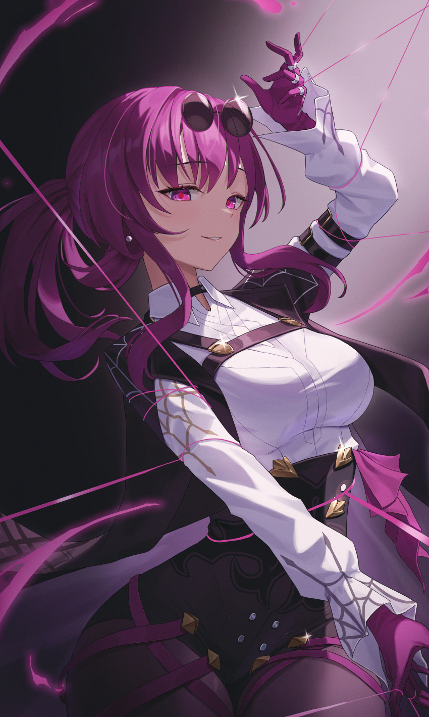 1girl absurdres black_jacket black_shorts breasts chest_harness eyewear_on_head gloves harness high-waist_shorts highres honkai:_star_rail honkai_(series) jacket kafka_(honkai:_star_rail) large_breasts long_hair long_sleeves looking_at_viewer pince-nez purple_eyes purple_gloves purple_hair rinrasetsu round_eyewear shirt shorts sidelocks smile solo spider_web_print sunglasses thread white_shirt