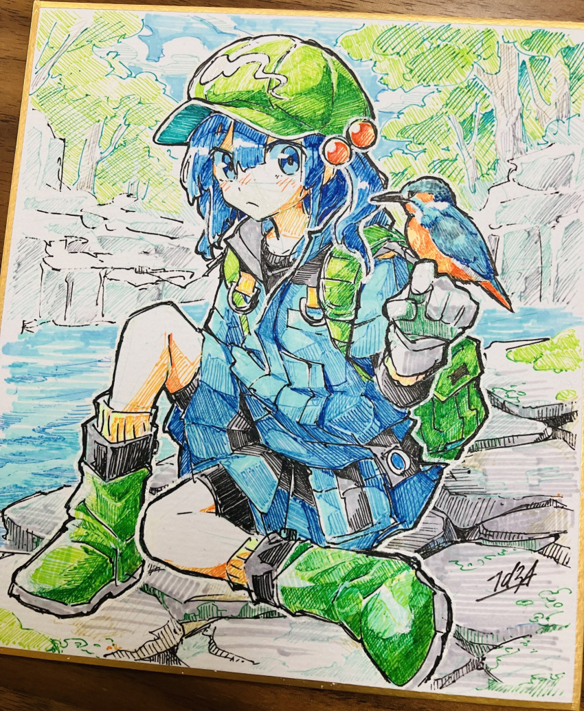 1girl adapted_costume backpack bag bird bird_on_hand blue_eyes blue_hair blue_jacket blue_skirt boots closed_mouth commentary doggo_1d34 full_body gloves green_bag green_footwear green_headwear hair_bobbles hair_ornament hatching_(texture) highres jacket kawashiro_nitori kingfisher knee_up long_sleeves looking_at_viewer medium_hair nature outdoors outline pleated_skirt rock shikishi signature sitting skirt socks solo touhou traditional_media tree two_side_up water white_gloves white_outline