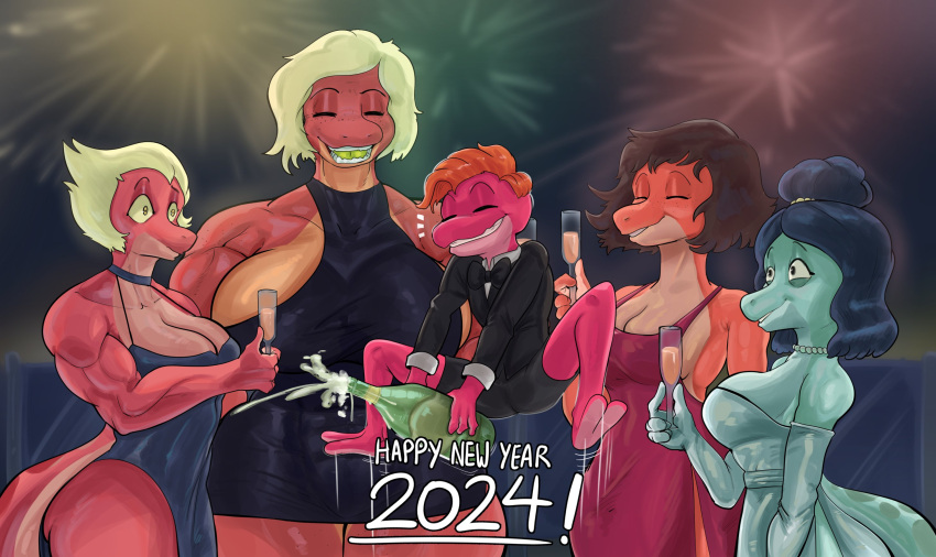 2023 abs amphibia_(series) amphibian anthro armwear bella_(amphibia) big_breasts black_clothing black_dress black_hair blonde_hair blue_clothing blue_dress bottomwear bow_tie breasts champagne_bottle champagne_glass cleavage clothed clothing cocktail_dress disney dress dress_shirt elbow_gloves english_text eyebrows eyes_closed female fireworks fully_clothed gem general_yunan glass gloves green_clothing green_dress group hair hair_bun half-closed_eyes handwear hi_res holding_glass holding_object holidays huge_breasts jewelry lady_olivia male minidress muscular muscular_female narrowed_eyes necklace new_year newt odelia_(thedarkzircon) open_mouth open_smile orange_hair pearl_(gem) pearl_necklace red_clothing red_dress salamander shirt short_hair shorts smile sprig_plantar standing suit_jacket teeth text thedarkzircon thick_thighs topwear wide_eyed wide_hips