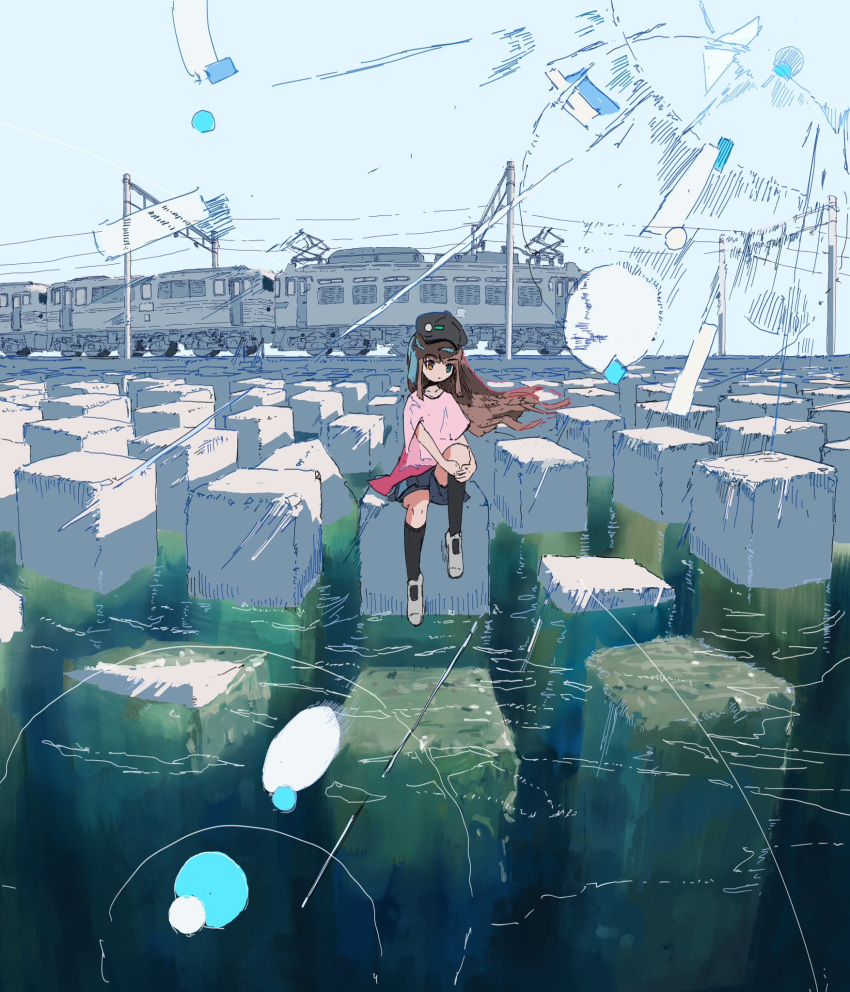 1girl black_socks blue_sky brown_hair dress heterochromia highres lefko_d light_rays long_sleeves looking_at_viewer ocean original outdoors power_lines short_hair sitting sitting_on_object sky socks solo sunbeam sunlight train water white_dress white_socks wide_shot