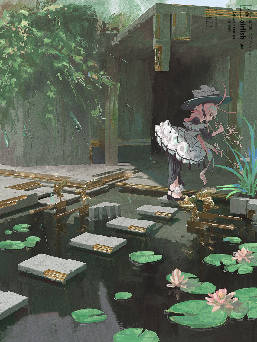 1girl commission highres lefko_d lily_pad original outdoors pink_hair pond realistic scenery solo structure water_lily_flower