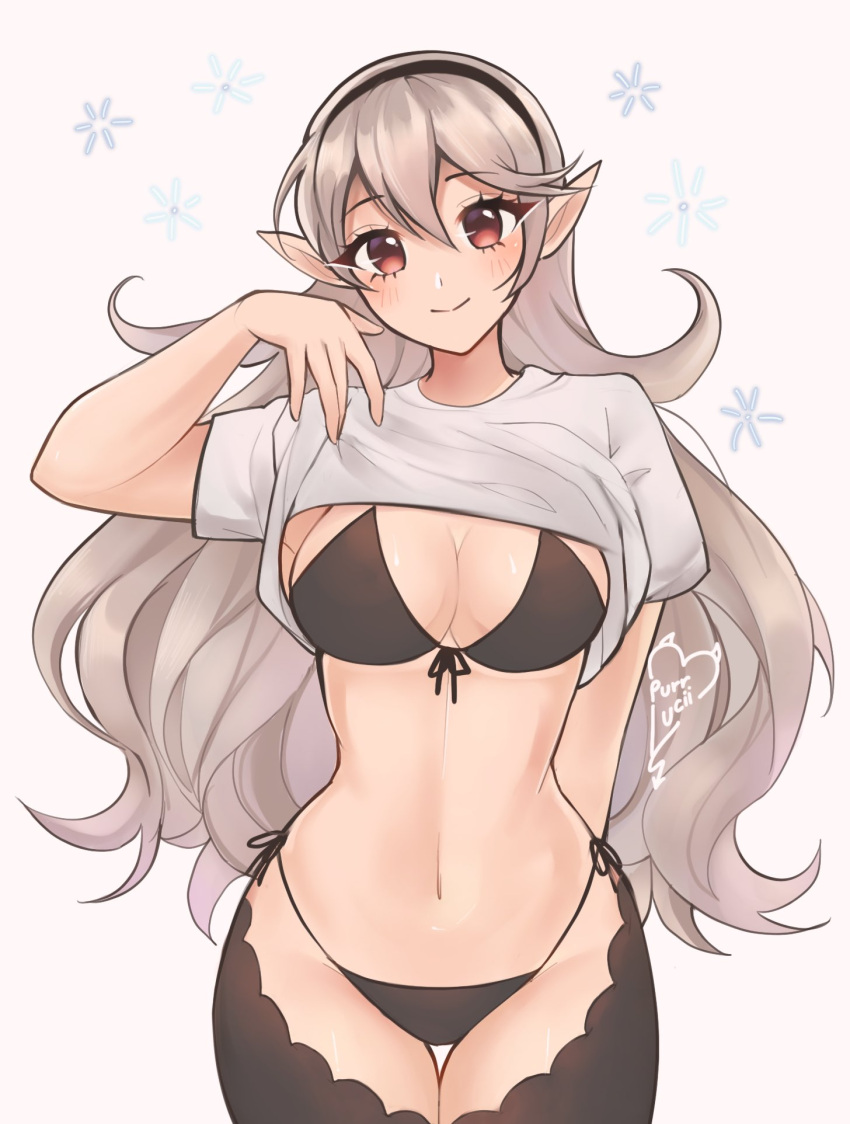 1girl alternate_costume bikini black_bikini black_hairband breasts cleavage clothes_lift commentary corrin_(female)_(fire_emblem) corrin_(fire_emblem) cowboy_shot english_commentary fire_emblem fire_emblem_fates grey_background hairband highres large_breasts navel pointy_ears purrlucii shirt shirt_lift short_sleeves side-tie_bikini_bottom solo standing stomach swimsuit thighs white_shirt