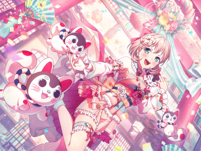1girl animal_on_shoulder aoba_moca architecture bang_dream! blue_eyes blush bow confetti detached_collar detached_sleeves dutch_angle earrings east_asian_architecture flower flower_earrings folding_fan frills hair_bow hair_flower hair_ornament hand_fan hand_on_another's_head inu-hariko japanese_clothes jewelry leg_up looking_at_another nail_polish official_art open_mouth outdoors overskirt pink_nails short_hair shorts smile thigh_strap third-party_source torii