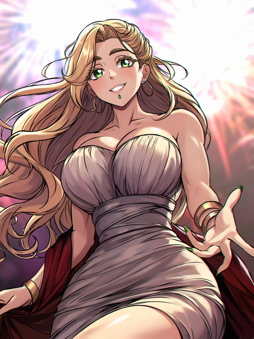 1girl bare_shoulders blonde_hair bracelet breasts chin_piercing cleavage collarbone dress earrings fate/grand_order fate_(series) fireworks green_eyes grin highres hoop_earrings jewelry large_breasts long_hair looking_at_viewer quetzalcoatl_(fate) sash smile solo thighs white_dress zantyarz