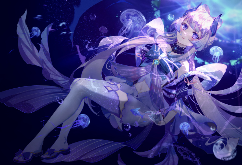 1girl absurdres air_bubble bare_shoulders bow-shaped_hair bubble closed_mouth colored_tips detached_collar detached_sleeves genshin_impact gloves half_gloves highres jellyfish long_hair long_sleeves looking_at_viewer multicolored_hair navel pink_hair purple_eyes sandals sangonomiya_kokomi sidelocks smile souluu1019 thighhighs white_gloves white_thighhighs wide_sleeves