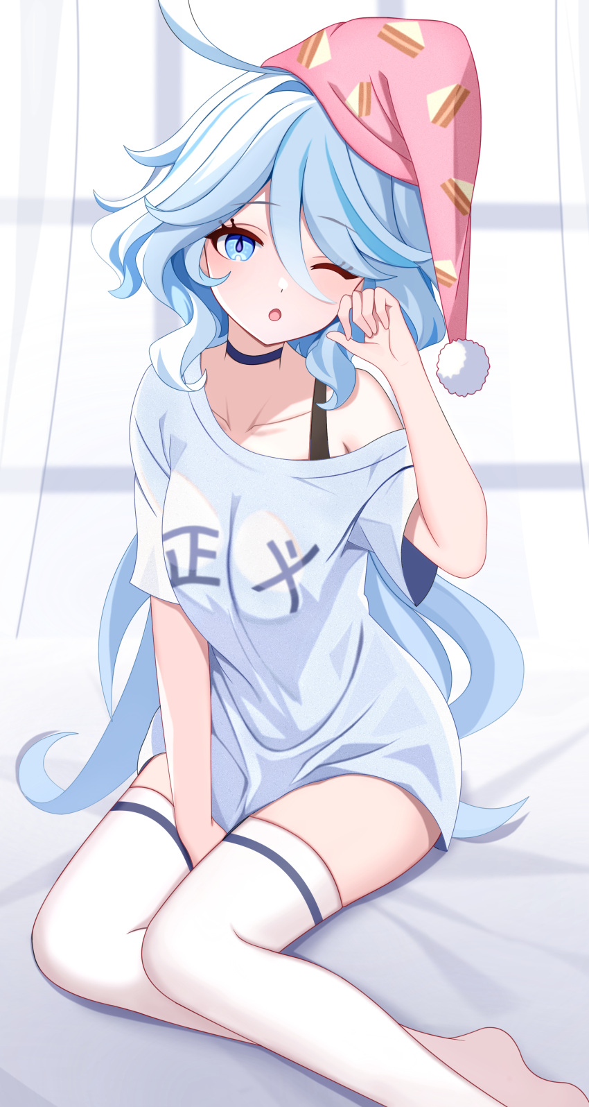 1girl absurdres blue_eyes blue_hair bra feet furina_(genshin_impact) genshin_impact hair_between_eyes hat highres kenomotsu_yukuwa long_hair multicolored_hair off_shoulder one_eye_closed open_mouth pajamas shirt solo symbol-shaped_pupils t-shirt thighs toes underwear waking_up white_hair white_shirt