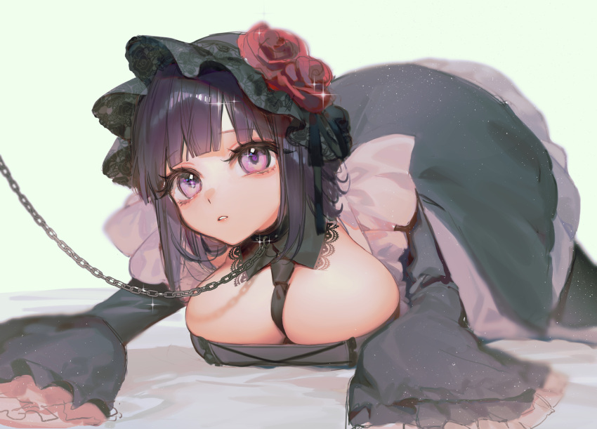 1girl between_breasts black_dress black_necktie bonnet breasts chain chain_leash cleavage dress expressionless flower gothic_lolita highres kitagawa_marin kuroe_shizuku large_breasts leash lolita_fashion looking_at_viewer lying necktie necktie_between_breasts on_stomach parted_lips purple_eyes purple_hair red_flower red_rose rose sketch smilesmile1312 solo sono_bisque_doll_wa_koi_wo_suru