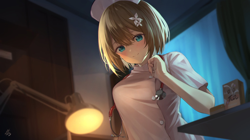 1girl absurdres aogiri_koukou blue_eyes blush breasts buttons curtains flower hair_flower hair_ornament hat highres kkix25 kurikoma_komaru lamp light_brown_hair medical_scrubs nurse nurse_cap pink_shirt shirt short_hair signature smile solo stethoscope upper_body virtual_youtuber white_flower