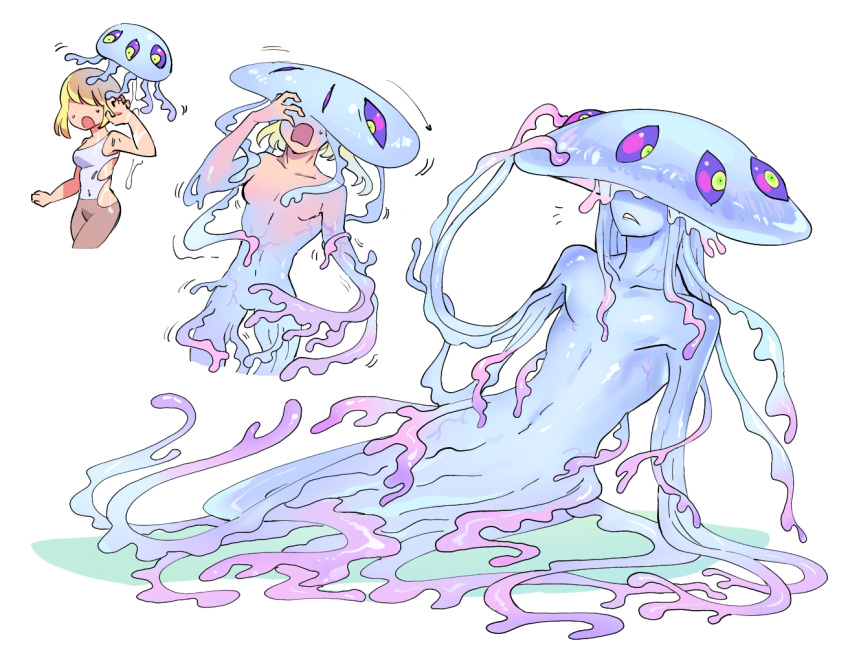 5_fingers ambiguous_gender clothed clothing cnidarian duo female feral fingers ftm_transformation gender_transformation hair human jellyfish mammal marine medusozoan mopan multi_eye open_mouth solo species_transformation tentacles transformation