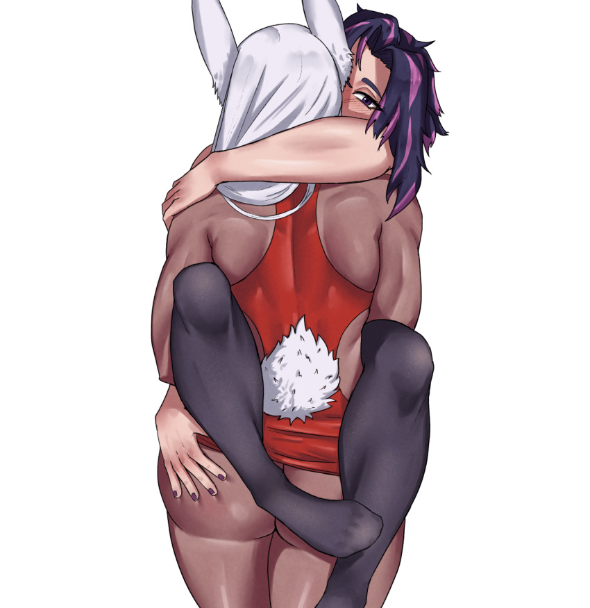 2girls animal_ears arm_around_neck ass back bare_shoulders black_pantyhose blush boku_no_hero_academia carrying carrying_person dark-skinned_female dark_skin dress feet from_behind highres hug implied_kiss lady_nagant leg_lock long_hair looking_at_viewer median_furrow medium_hair mirko multicolored_hair multiple_girls nail_polish pantyhose pink_hair purple_eyes purple_hair purple_nails rabbit_ears rabbit_girl rabbit_tail red_dress shadertoons tail tail_through_clothes thighs toned white_hair yuri