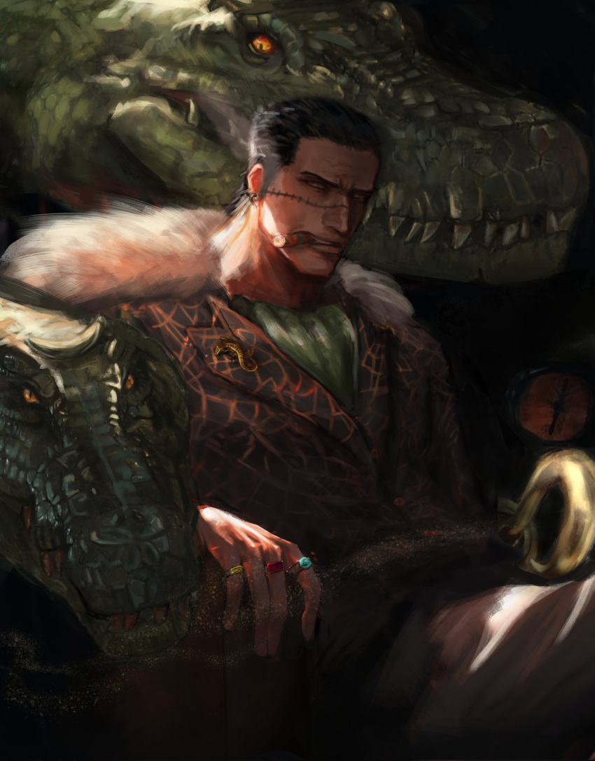 1boy ascot black_hair cigar crocodile crocodile_(one_piece) crocodilian frown fur_trim green_ascot gremlik hair_slicked_back highres hook_hand jewelry looking_at_viewer male_focus multiple_rings one_piece ring scar scar_on_face short_hair sitting vest yellow_eyes