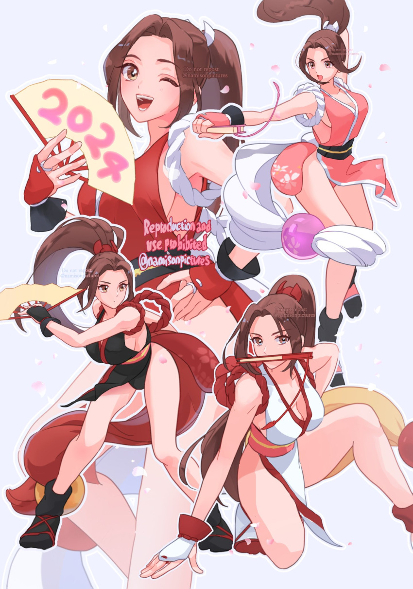 1girl ;d arm_guards bare_shoulders breasts brown_eyes brown_hair cleavage commentary_request fatal_fury folded_fan folding_fan full_body hand_fan high_ponytail highres japanese_clothes long_hair looking_at_viewer medium_breasts multiple_girls namisonpictures ninja official_alternate_color one_eye_closed open_mouth pelvic_curtain ponytail revealing_clothes rope shiranui_mai simple_background smile solo superhero_landing the_king_of_fighters thighs white_background