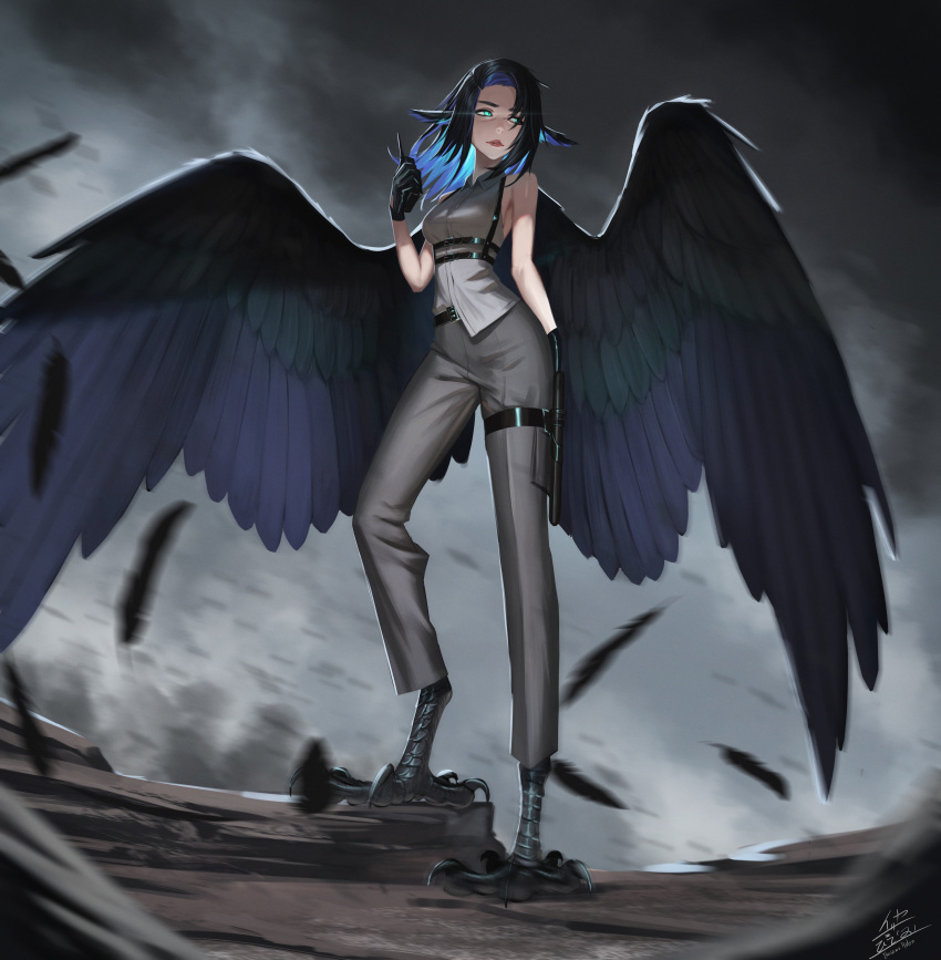 1girl absurdres black_gloves black_hair blue_hair colored_inner_hair commentary_request commission digitigrade fantasy feathered_wings feathers gloves green_eyes highres ikasamahideo multicolored_hair original pants pixiv_commission solo standing talons two-tone_hair vest wing_ears wings