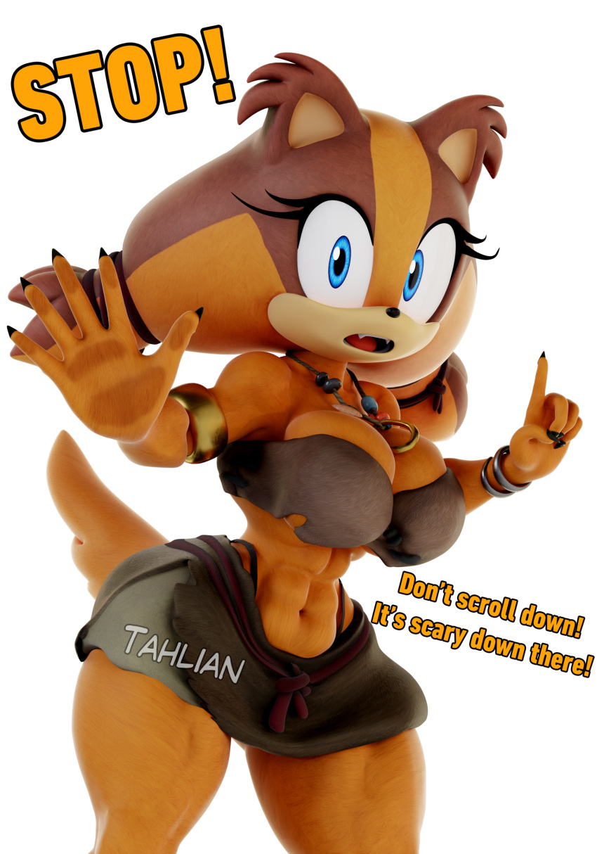 2023 abs accessory anthro artist_name badger big_breasts blue_eyes bottomwear breasts clothing dialogue english_text eyelashes female fur hi_res jewelry looking_at_viewer mammal multicolored_body multicolored_fur mustelid musteline necklace open_mouth panties sega short_tail small_waist solo solo_focus sonic_boom sonic_the_hedgehog_(series) sticks_the_jungle_badger stop_gesture tahlian tail teeth text thick_thighs topwear underwear wide_hips