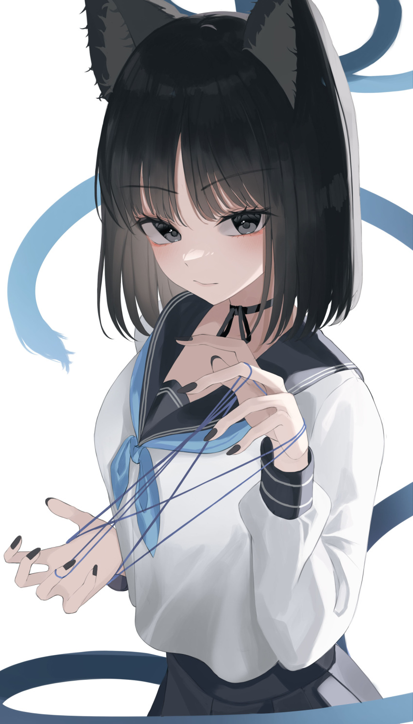 1girl absurdres animal_ears black_choker black_eyes black_hair black_nails black_sailor_collar blue_archive blue_halo blue_neckerchief blue_string blush cat's_cradle cat_ears cat_tail choker closed_mouth dongyu expressionless halo highres kikyou_(blue_archive) long_sleeves looking_at_viewer neckerchief pleated_skirt sailor_collar school_uniform serafuku short_hair simple_background skirt solo tail white_background