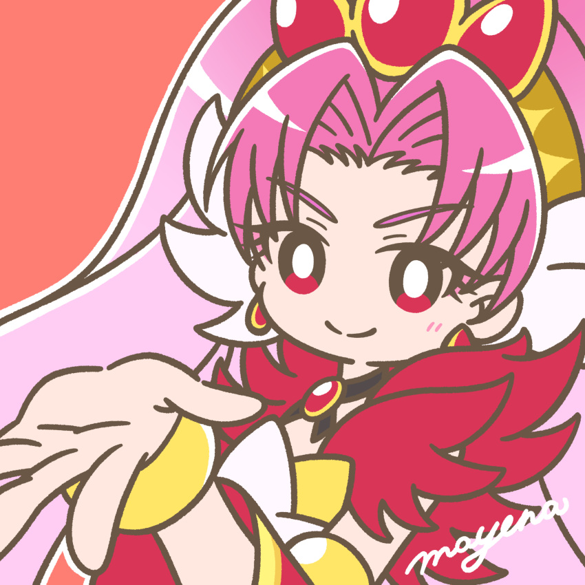 1girl akagi_towa blush bracelet choker closed_mouth cure_scarlet detached_sleeves earrings eyelashes go!_princess_precure gold_bracelet gradient_hair hair_intakes highres jewelry long_hair looking_at_viewer magical_girl mayena multicolored_hair open_mouth outline outstretched_hand parted_bangs pink_hair precure red_background red_eyes red_sleeves signature smile solo tiara upper_body very_long_hair white_outline