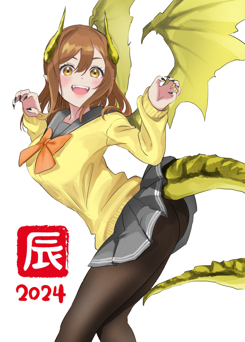 1girl :d arched_back brown_eyes brown_hair brown_pantyhose claw_pose claws double-parted_bangs dragon_girl dragon_horns dragon_tail dragon_wings fangs from_side grey_sailor_collar grey_skirt hanamaruyama628 highres horns kunikida_hanamaru looking_at_viewer love_live! love_live!_sunshine!! medium_hair monsterification new_year pantyhose pleated_skirt sailor_collar school_uniform serafuku sidelocks simple_background skirt smile solo sweater tail white_background wings yellow_eyes yellow_sweater