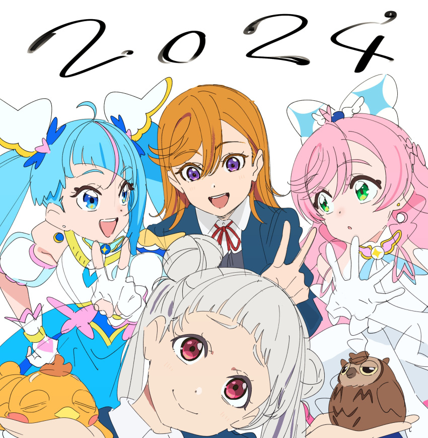 2024 4girls absurdres animal_on_hand arashi_chisato bird blazer blue_eyes blue_jacket blunt_bangs bow closed_mouth collared_shirt cure_prism cure_sky double_bun dress elbow_gloves gloves green_eyes hair_bow hair_bun head_tilt highres hirogaru_sky!_precure jacket long_hair looking_at_another love_live! love_live!_superstar!! magical_girl manmaru_(love_live!) medium_hair multiple_girls neck_ribbon nijigaoka_mashiro open_clothes open_jacket open_mouth orange_hair owl parted_lips pink_hair precure purple_eyes red_eyes red_ribbon ribbon saitou_atsushi_(kamatamanankotu) school_uniform shibuya_kanon shirt sora_harewataru teeth twintails upper_teeth_only v white_background white_bow white_dress white_gloves white_hair white_shirt winter_uniform yuigaoka_school_uniform yuunagi_tsubasa_(bird)