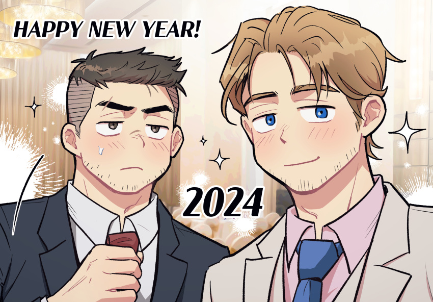 2024 2boys adjusting_clothes adjusting_necktie bara beard_stubble black_eyes black_hair blonde_hair blush couple david_king_(dead_by_daylight) dead_by_daylight english_text eyebrow_cut facial_hair felix_richter formal hair_slicked_back happy_new_year highres husband_and_husband indoors looking_at_viewer male_focus multiple_boys necktie new_year short_hair smile sparkle sparkle_background sparse_stubble stubble suit undercut upper_body wasted_m9 yaoi