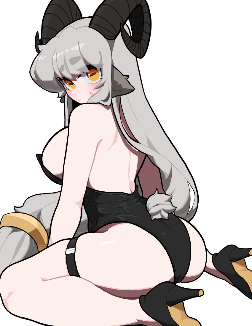 absurdres animal_ears ass ass_focus back backless_outfit black_horns black_leotard blush bolt_(min_lona) breasts detached_collar fake_animal_ears fake_tail goat_ears goat_girl goat_horns grey_hair high_heels highleg highleg_leotard highres horns large_breasts leotard long_hair looking_at_viewer looking_back low-tied_long_hair min_lona original playboy_bunny rabbit_ears rabbit_tail simple_background solo strapless strapless_leotard sweat tail very_long_hair yellow_eyes