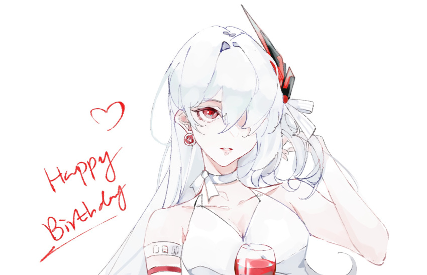 1girl adjusting_hair alcohol alpha_(punishing:_gray_raven) alternate_costume armlet bare_shoulders breasts chinese_commentary cleavage collarbone commentary cup drawn_heart dress drinking_glass earrings eoo_eewei hair_intakes hair_over_one_eye hair_ribbon halter_dress halterneck hand_up happy_birthday headgear highres jewelry looking_at_viewer lucia:_crimson_abyss_(punishing:_gray_raven) medium_breasts neck_ribbon one_eye_covered parted_lips punishing:_gray_raven red_eyes ribbon single_bare_arm solo upper_body white_dress white_hair white_ribbon wine wine_glass