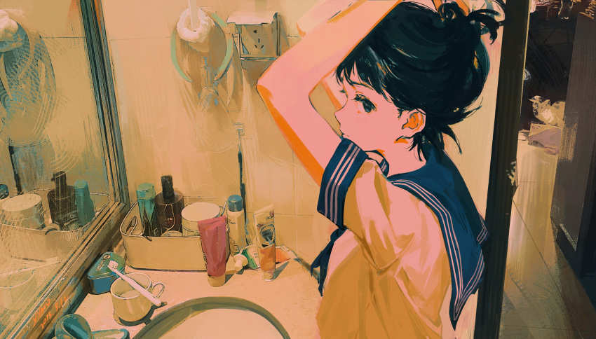 1girl bathroom blue_eyes dated highres indoors mirror original school_uniform serafuku sink solo tying_hair upper_body xilmo yellow_lightning