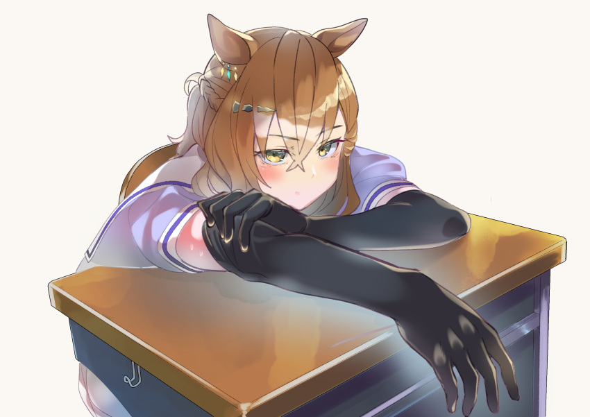 1girl animal_ears arms_on_table black_gloves blush braid brown_hair closed_mouth commentary_request desk doushi_tatsu_to_dekkai_no earrings elbow_gloves french_braid gloves highres horse_ears horse_girl jewelry jungle_pocket_(umamusume) looking_at_viewer medium_hair on_desk puffy_short_sleeves puffy_sleeves purple_shirt school_desk school_uniform shirt short_sleeves simple_background single_earring sitting skirt solo summer_uniform sweat tracen_school_uniform umamusume white_background white_skirt yellow_eyes
