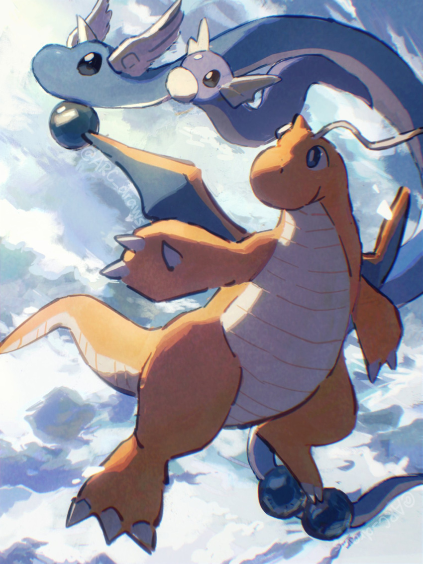 arc_draws black_eyes blue_sky bright_pupils claws closed_mouth cloud cloudy_sky day dragon dragonair dragonite dratini evolutionary_line flying highres horns no_humans orange_horns orange_tail outdoors pokemon pokemon_(creature) single_horn sky smile twitter_username white_horns white_pupils